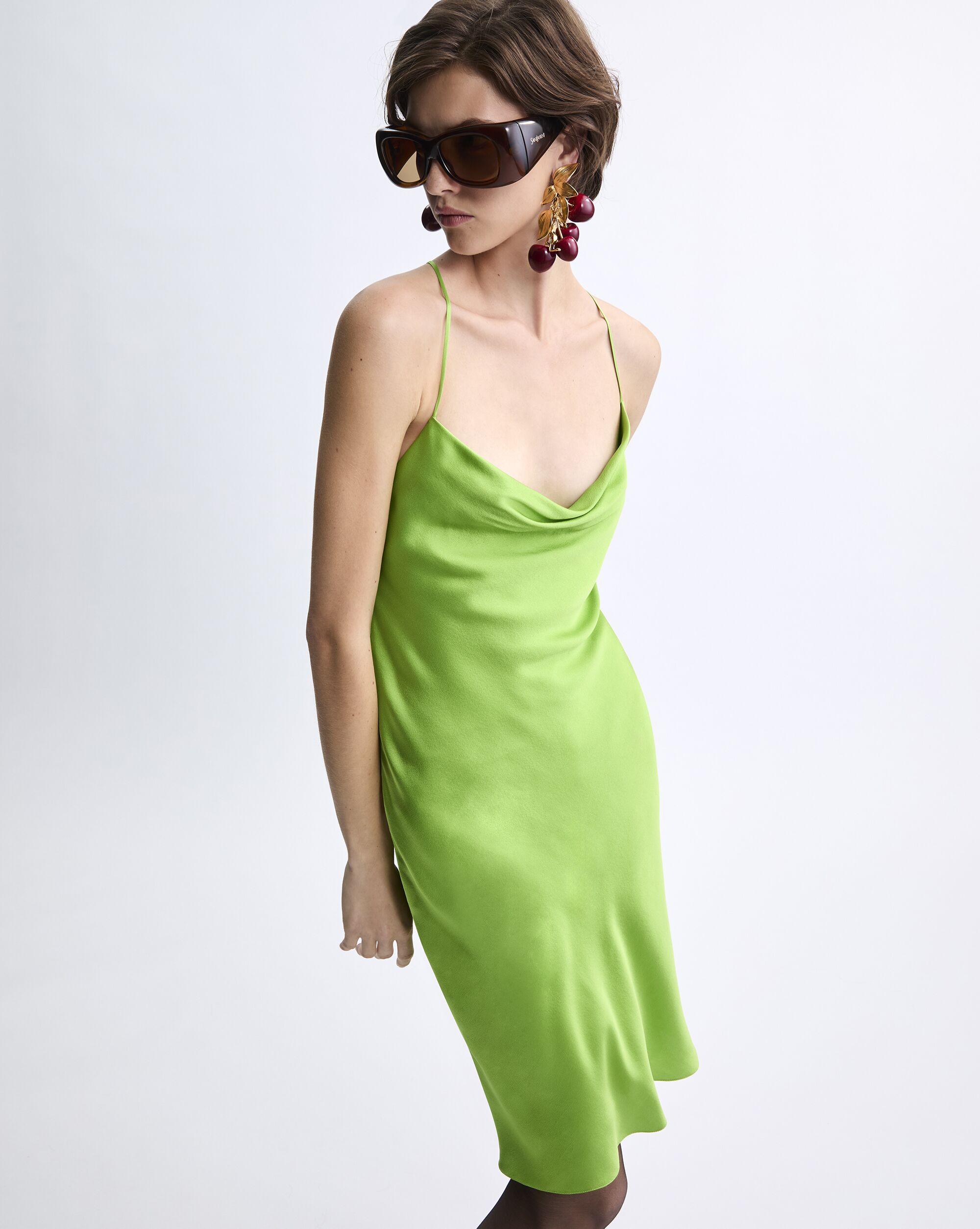 backless cowl dress in silk satin in Green | Saint Laurent | YSL EN-US backless cowl dress in silk satin in Green | Saint Laurent | YSL EN-US