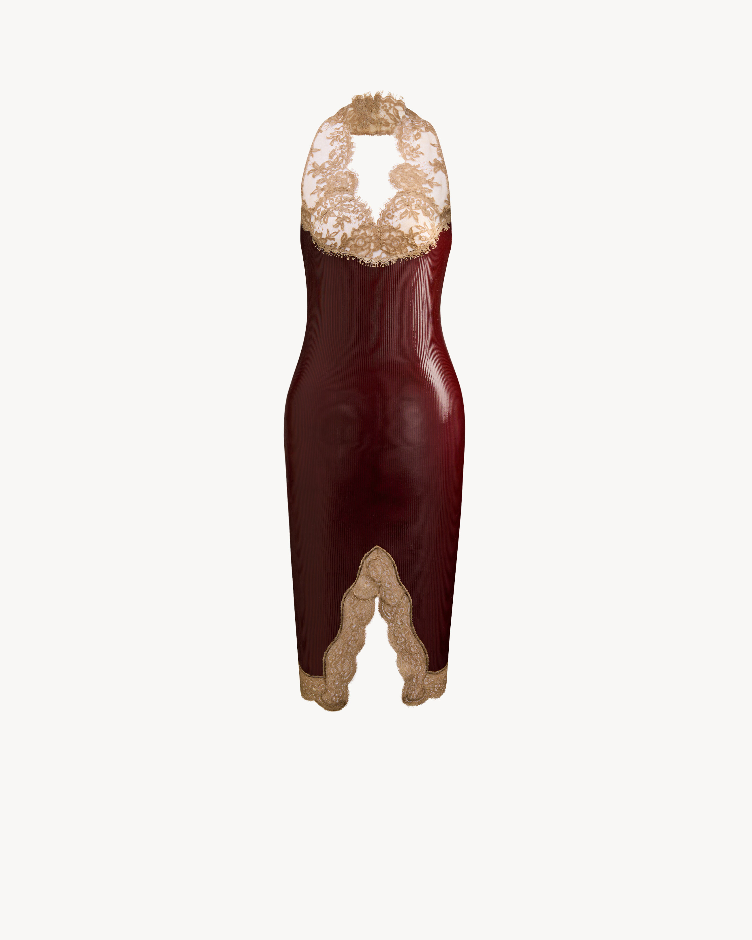 Neckholder-Spitzenkleid in Midi-Länge aus silikonbeschichtetem geripptem Seidenjersey