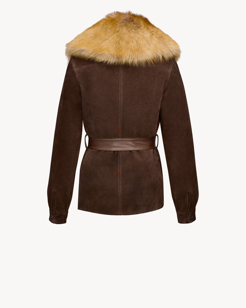 Giacca con cintura in suede e shearling