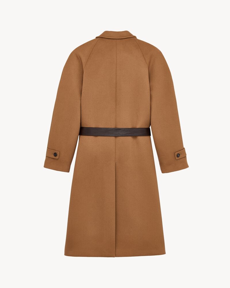 belted balmacaan in double-face wool