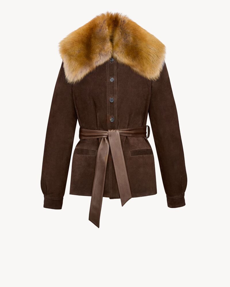Giacca con cintura in suede e shearling