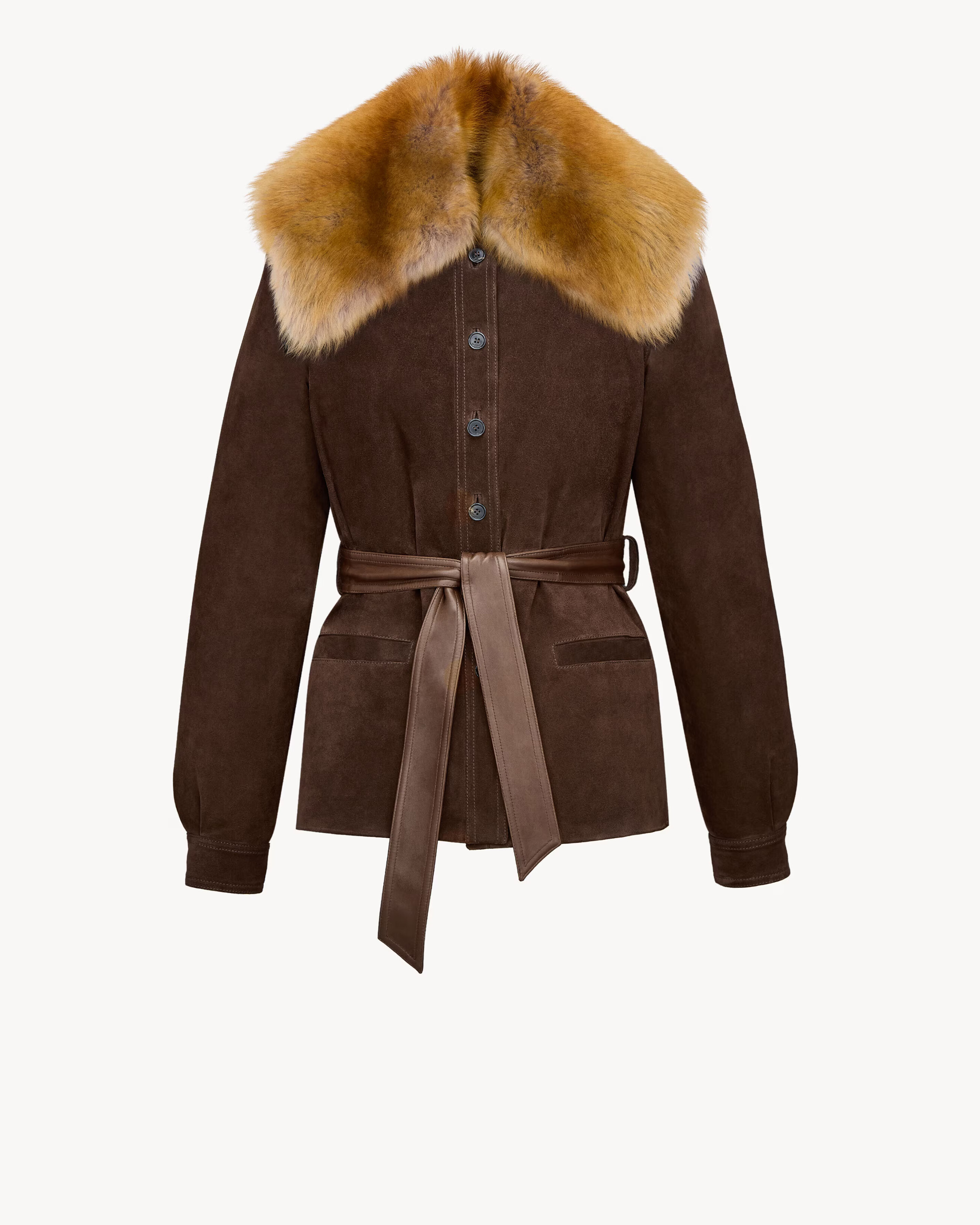 Giacca con cintura in suede e shearling