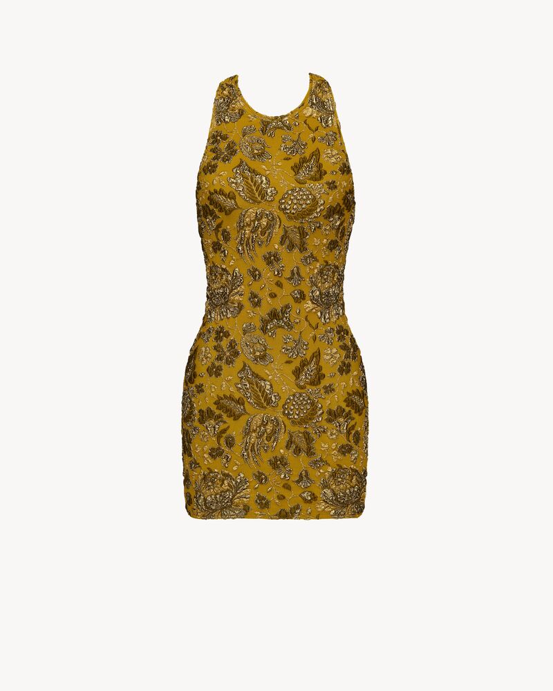 cross-back mini dress in stretch brocade
