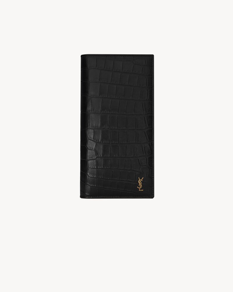 ノベルティ YSL ブラックレザー 二つ折り Saint Laurent Paris credit card case in CROCODILE-EMBOSSED leather