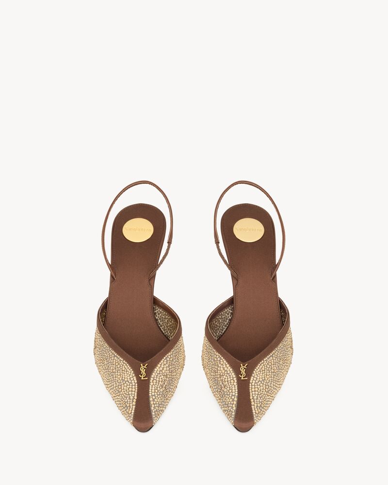 FOLIE slingback pumps in satin, mesh, and crystals