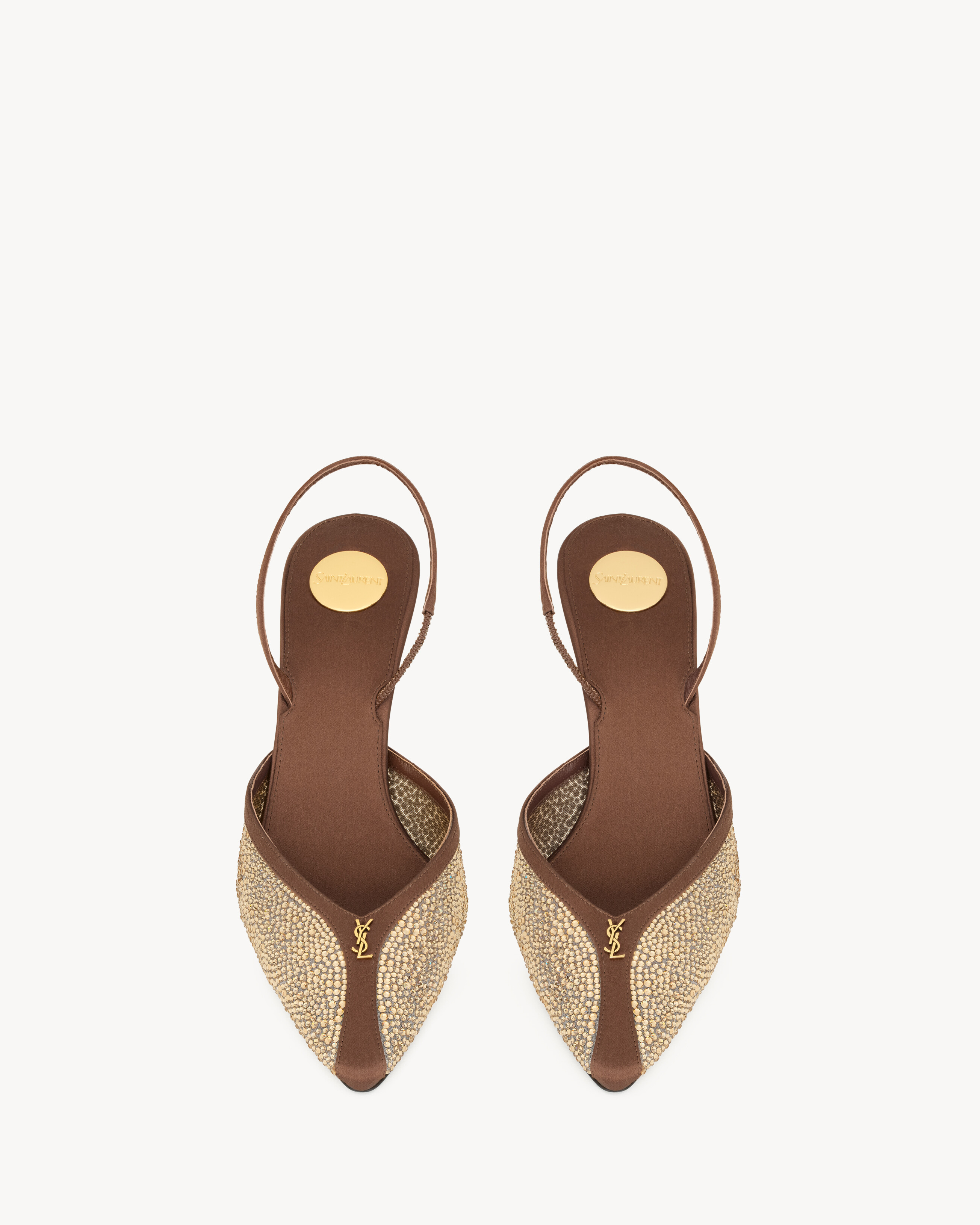 FOLIE slingback pumps in satin, mesh, and crystals