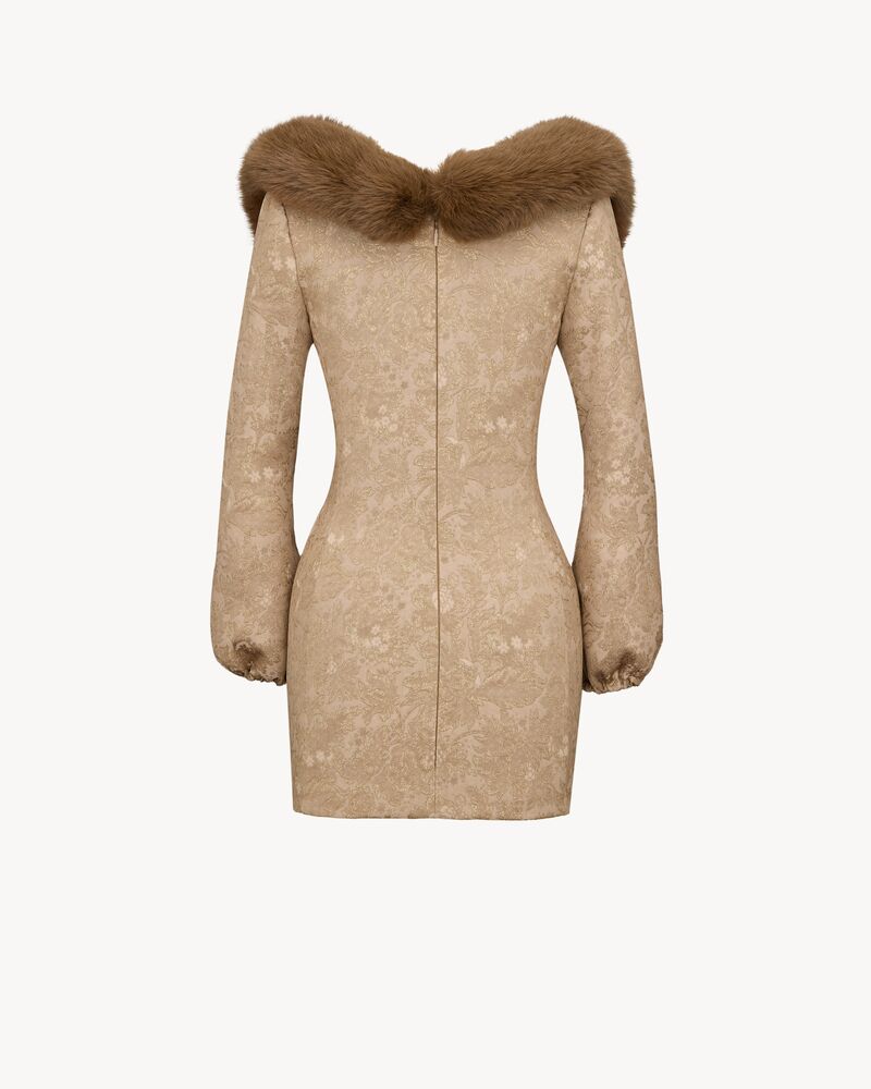 animal-free fur collar mini dress in brocade
