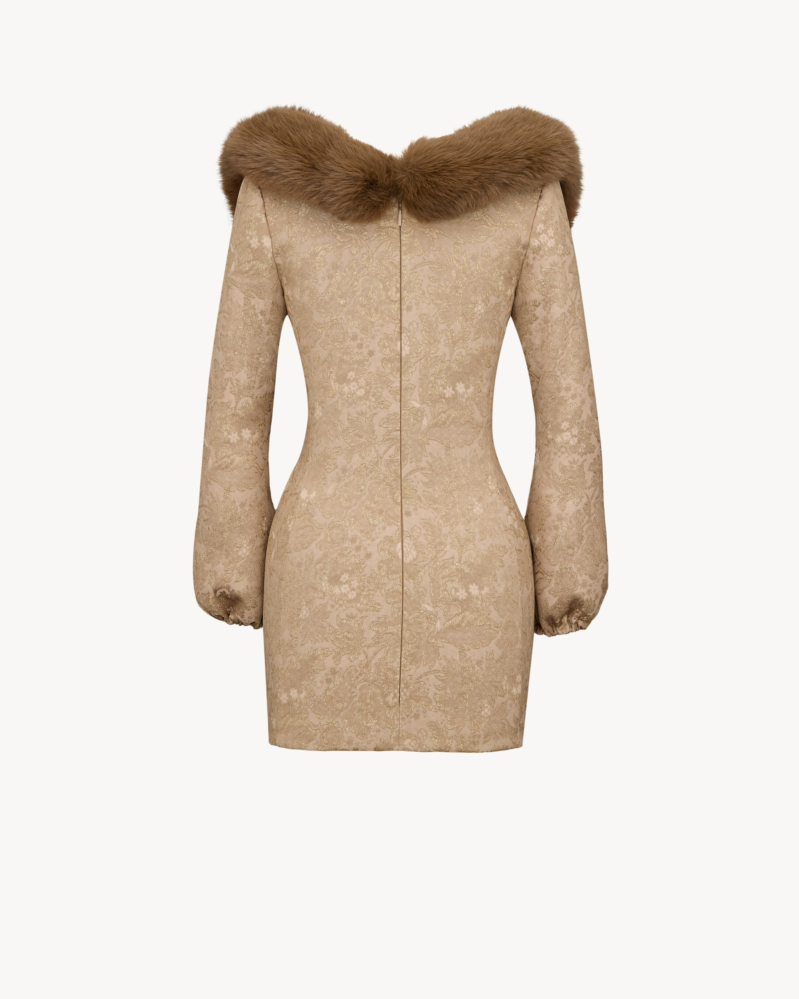 animal-free fur collar mini dress in brocade