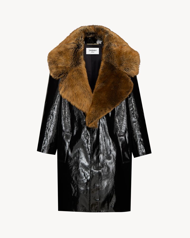 cocoon coat in lacquered canvas and shearling