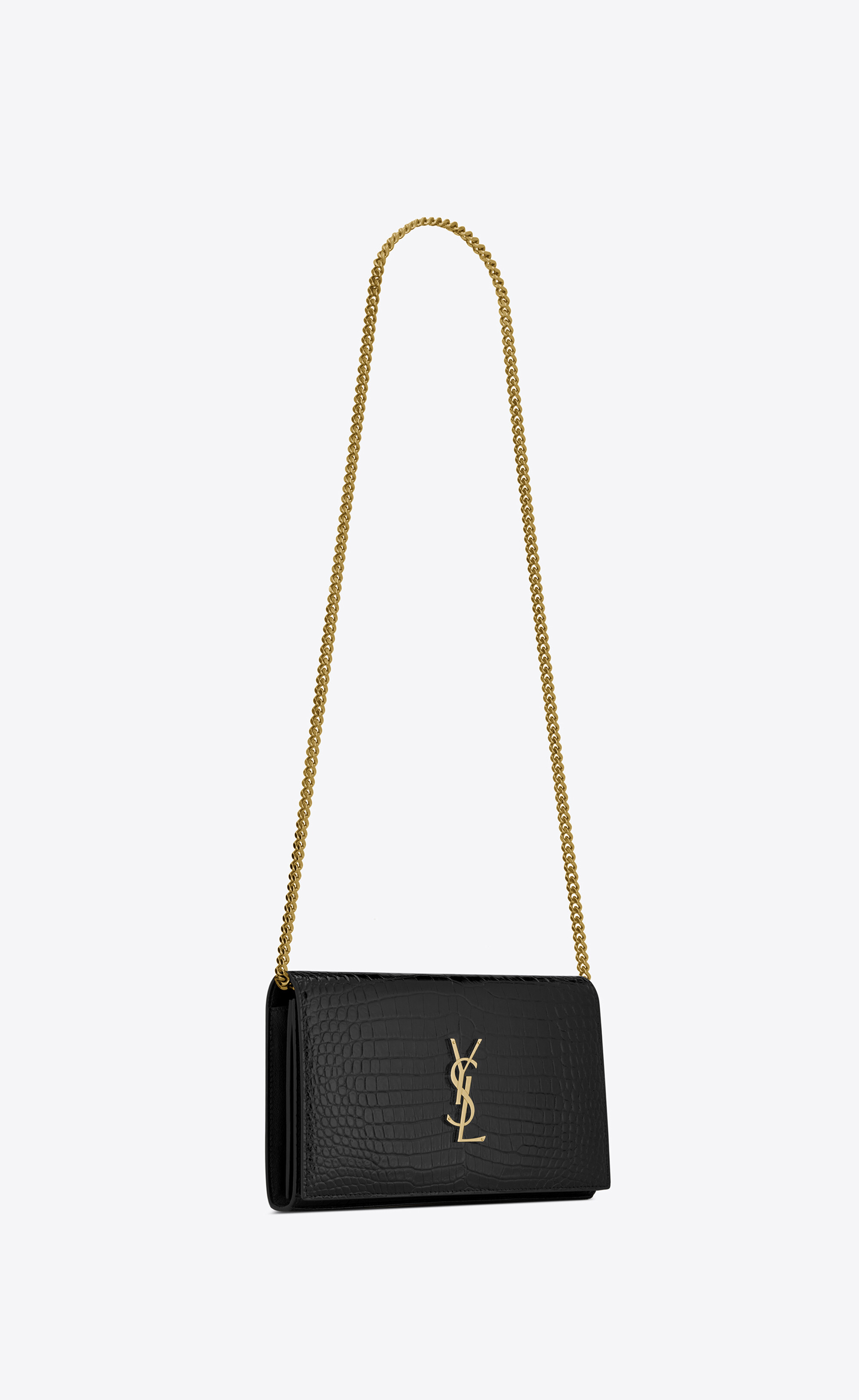CASSANDRE chain wallet in crocodile-embossed shiny leather