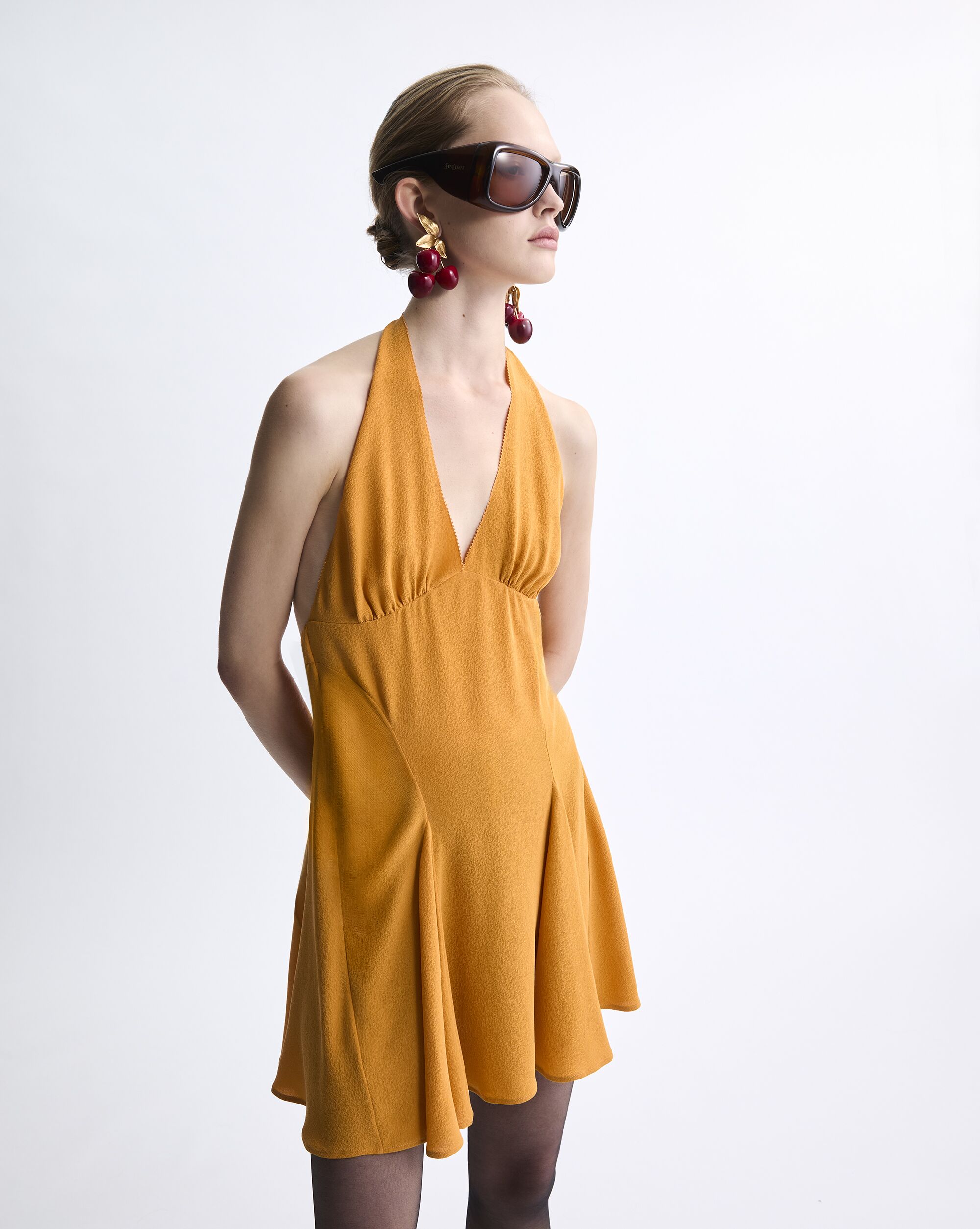 halter dress in silk crepe de chine in Orange | Saint Laurent | YSL EN-US halter dress in silk crepe de chine in Orange | Saint Laurent | YSL EN-US