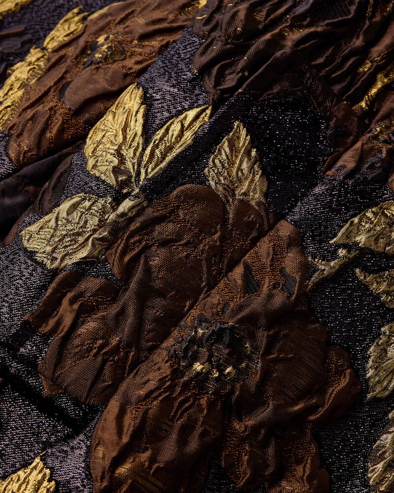 cocoon coat in brocade and shearling