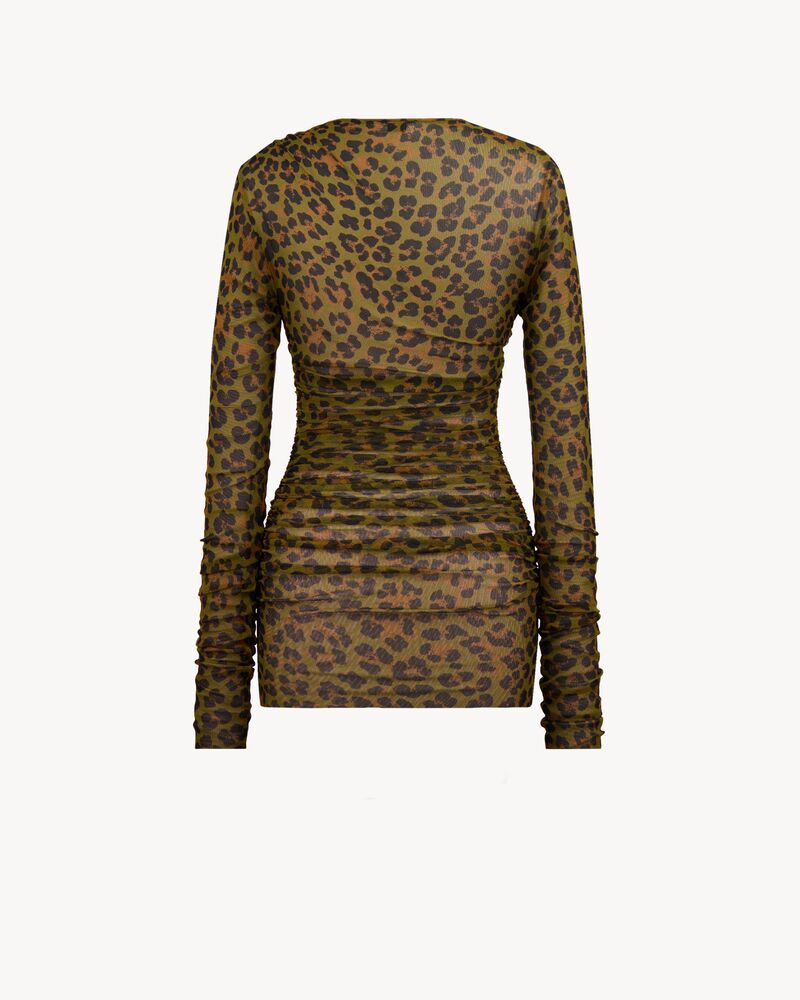 ruched mini dress in leopard tulle jersey