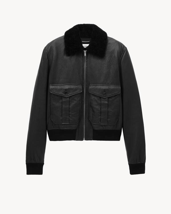 【いのうさ】SAINT LAURENT ボア襟 ブラックレザージャケット Saint Laurent《ボンバージャケット》ラムスキン ブラック 直営 (Saint