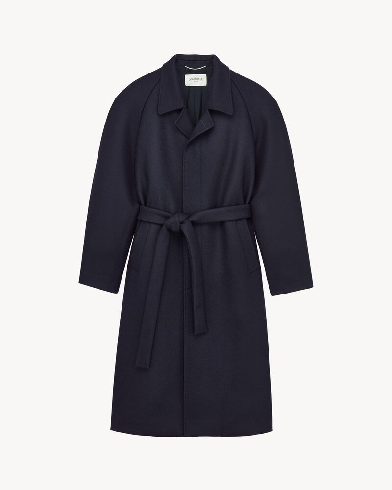 belted balmacaan in brushed wool gabardine