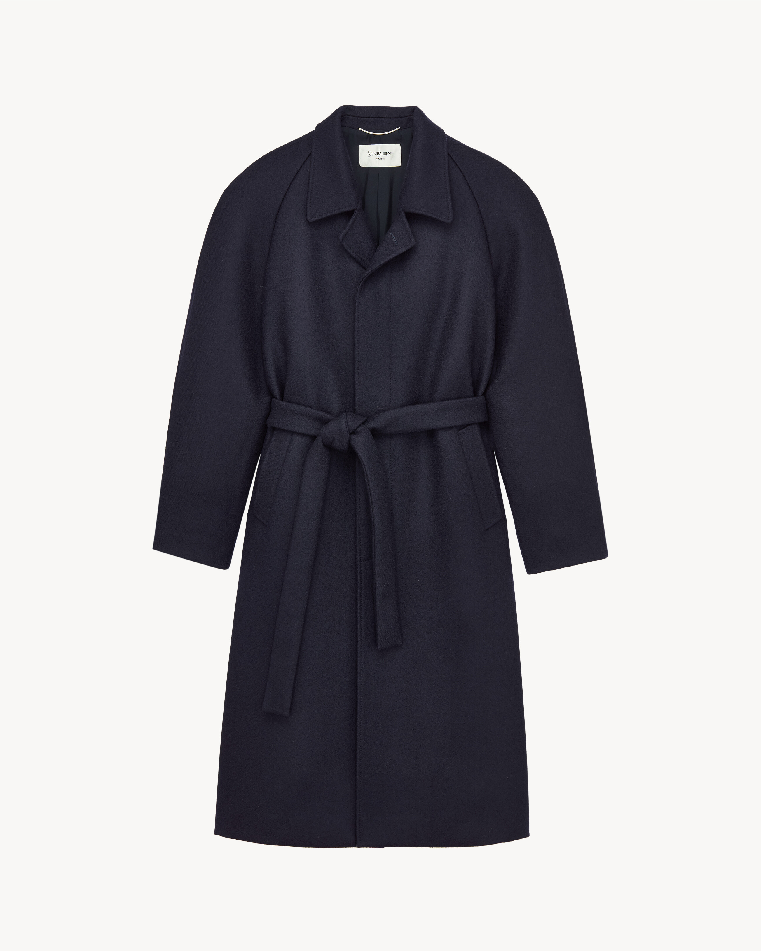 belted balmacaan in brushed wool gabardine