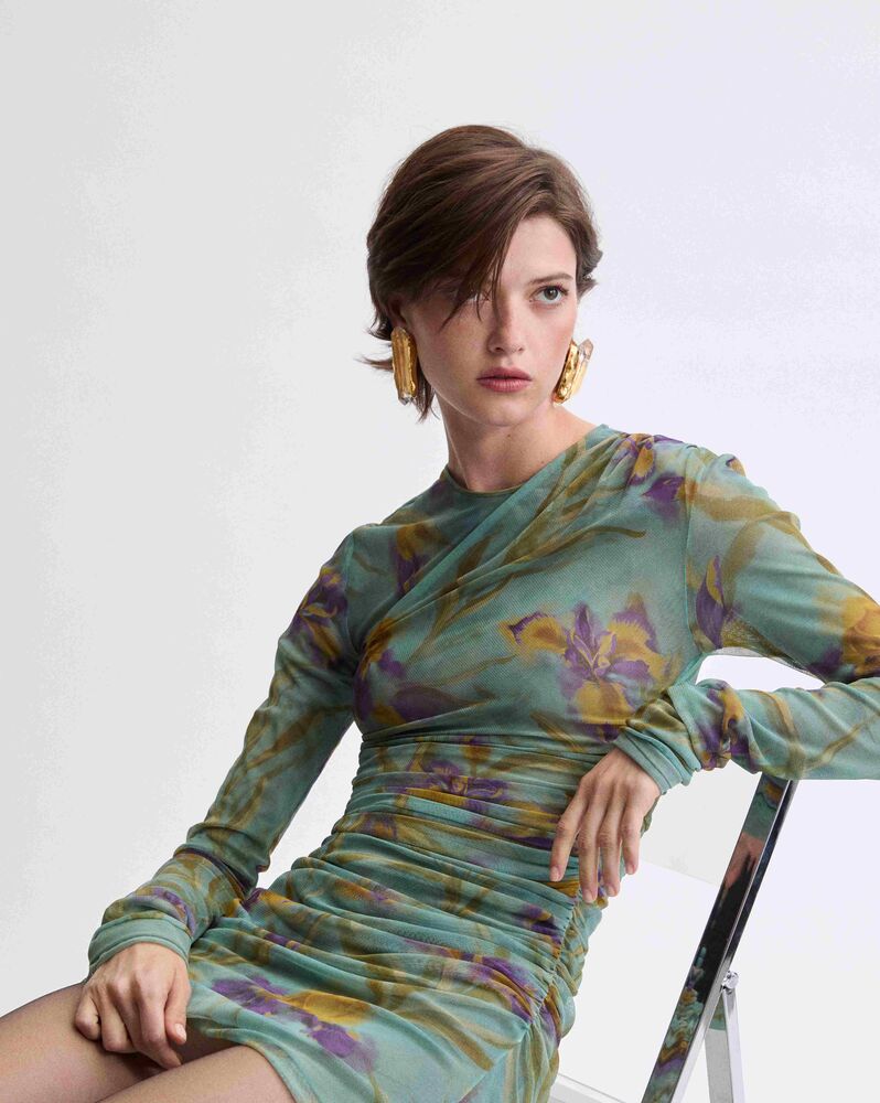 ruched mini dress in floral tulle jersey