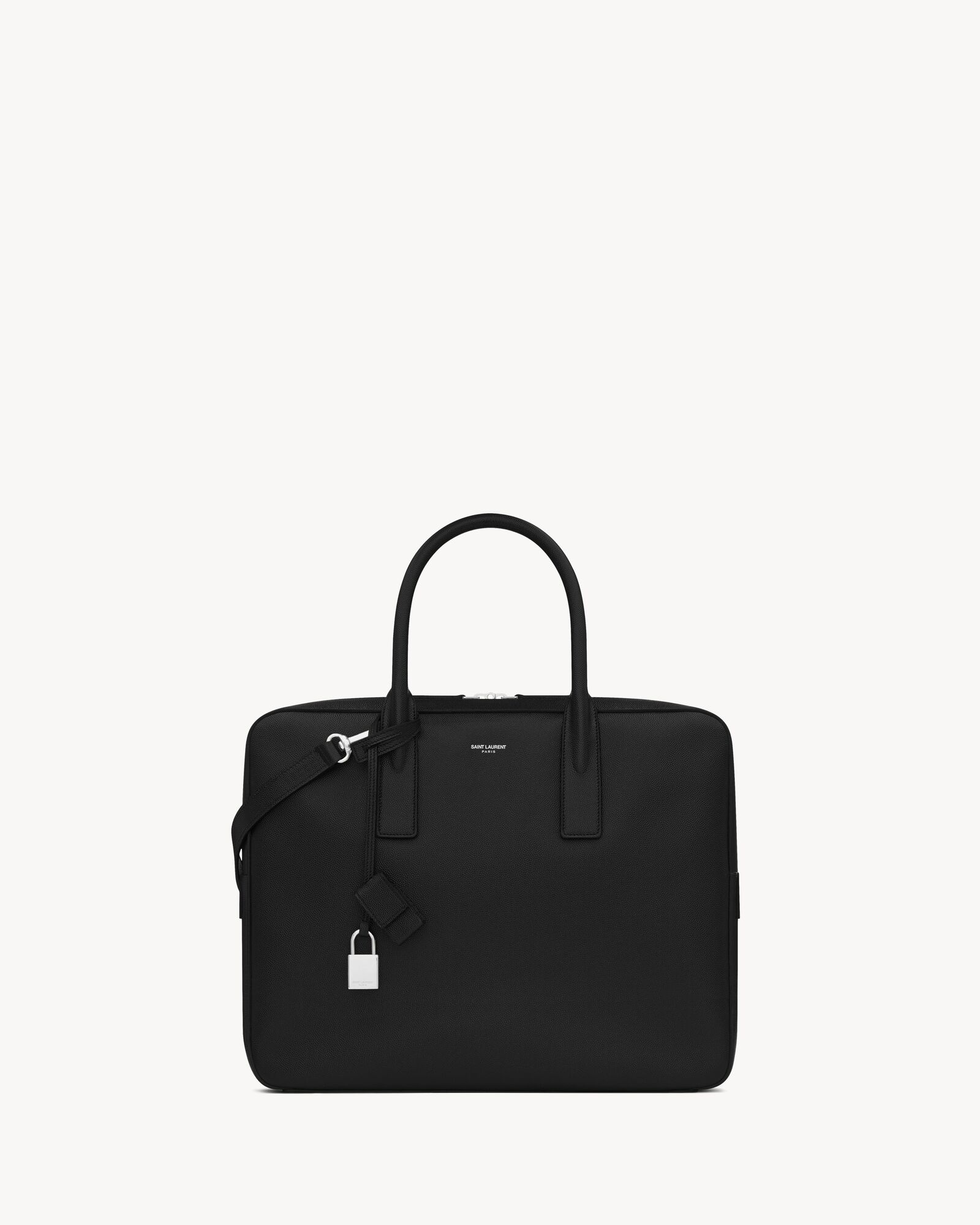 museum small flat briefcase in black textured leather — 377865BTY0N1000