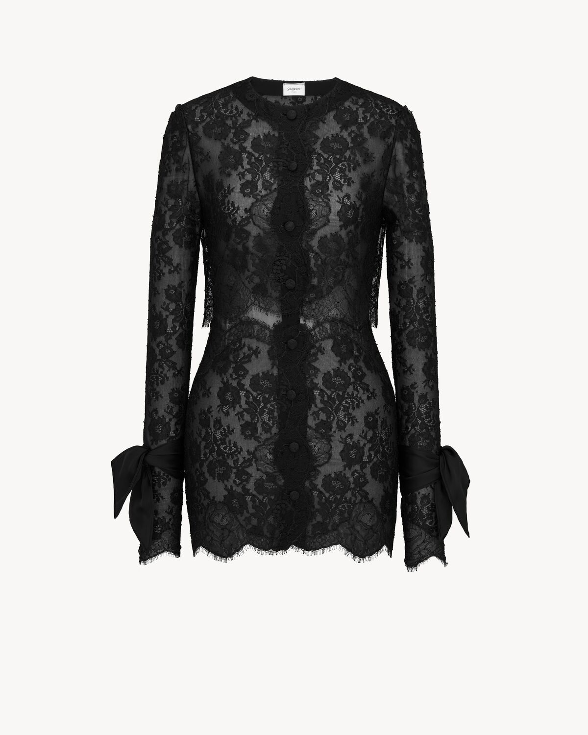 Saint Laurent - lavallière-cuff mini dress in silk lace