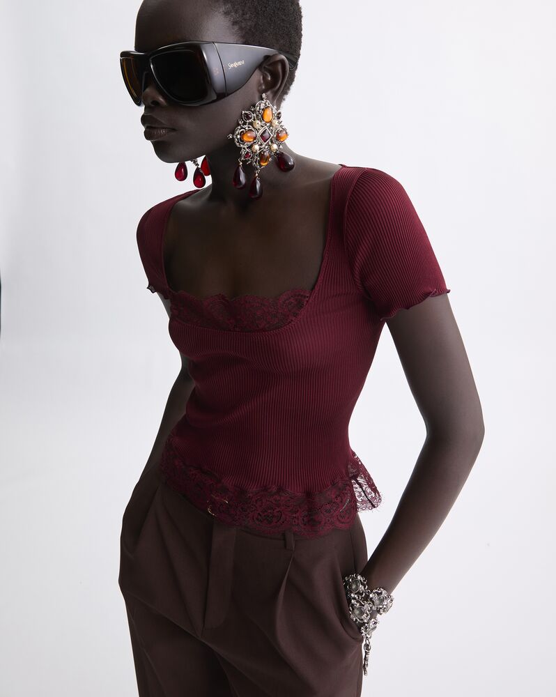 laced square-neck T-shirt in ribbed silk jersey