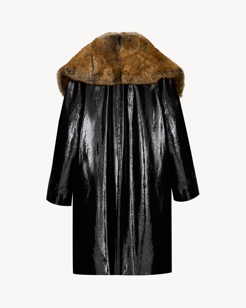 cocoon coat in lacquered canvas and shearling