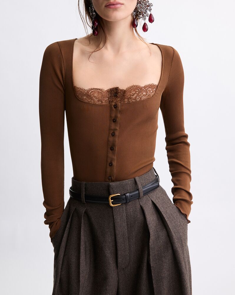 laced square-neck top in ribbed silk jersey