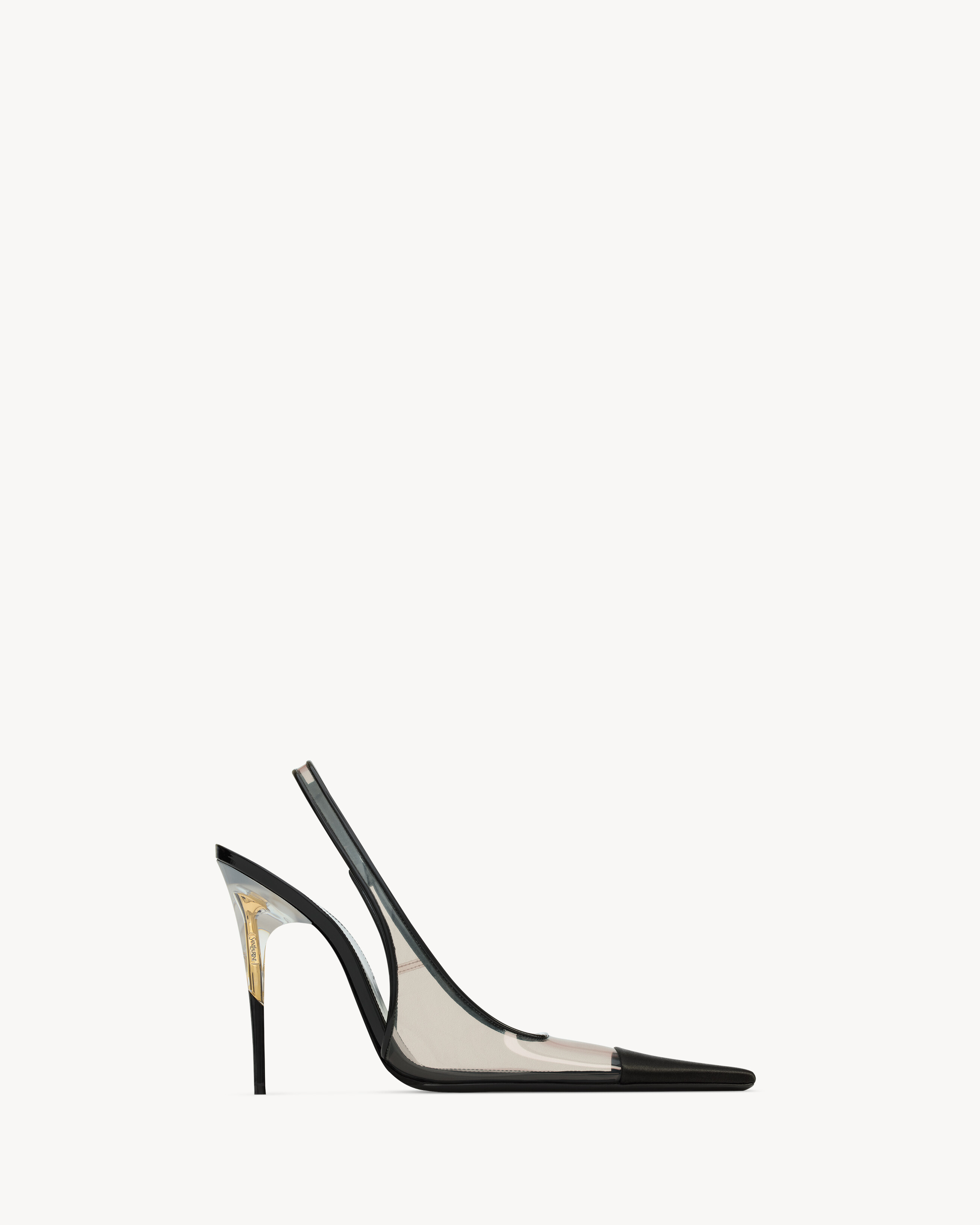 ROMY slingback pumps in TPU, satin, and patent leather