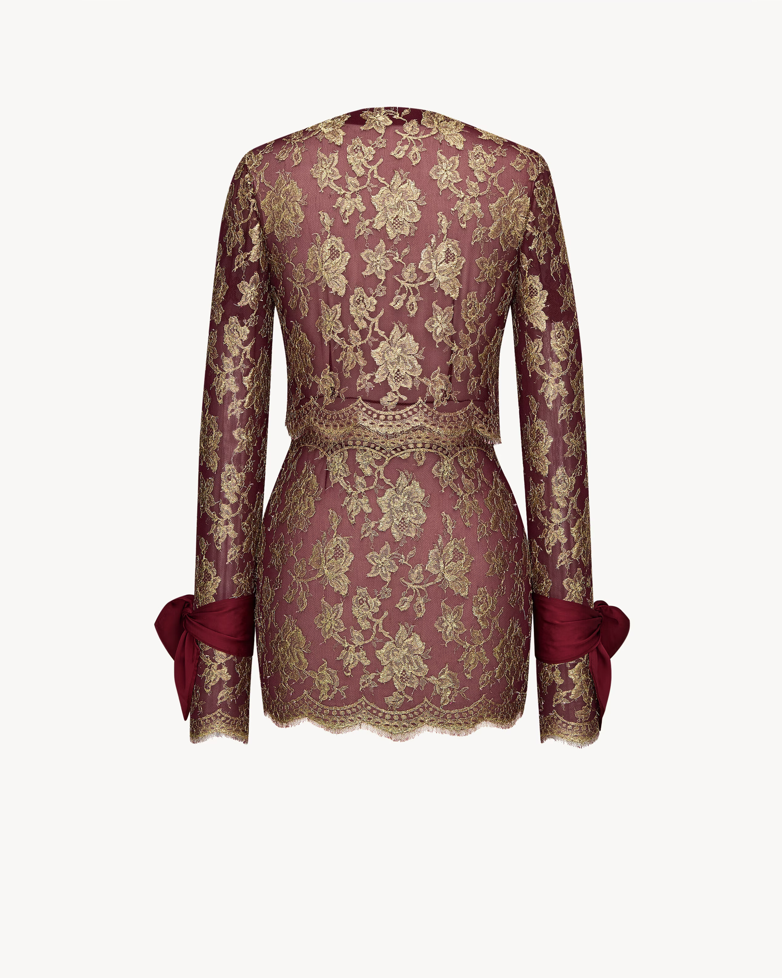 lavallière-cuff mini dress in metallic lace
