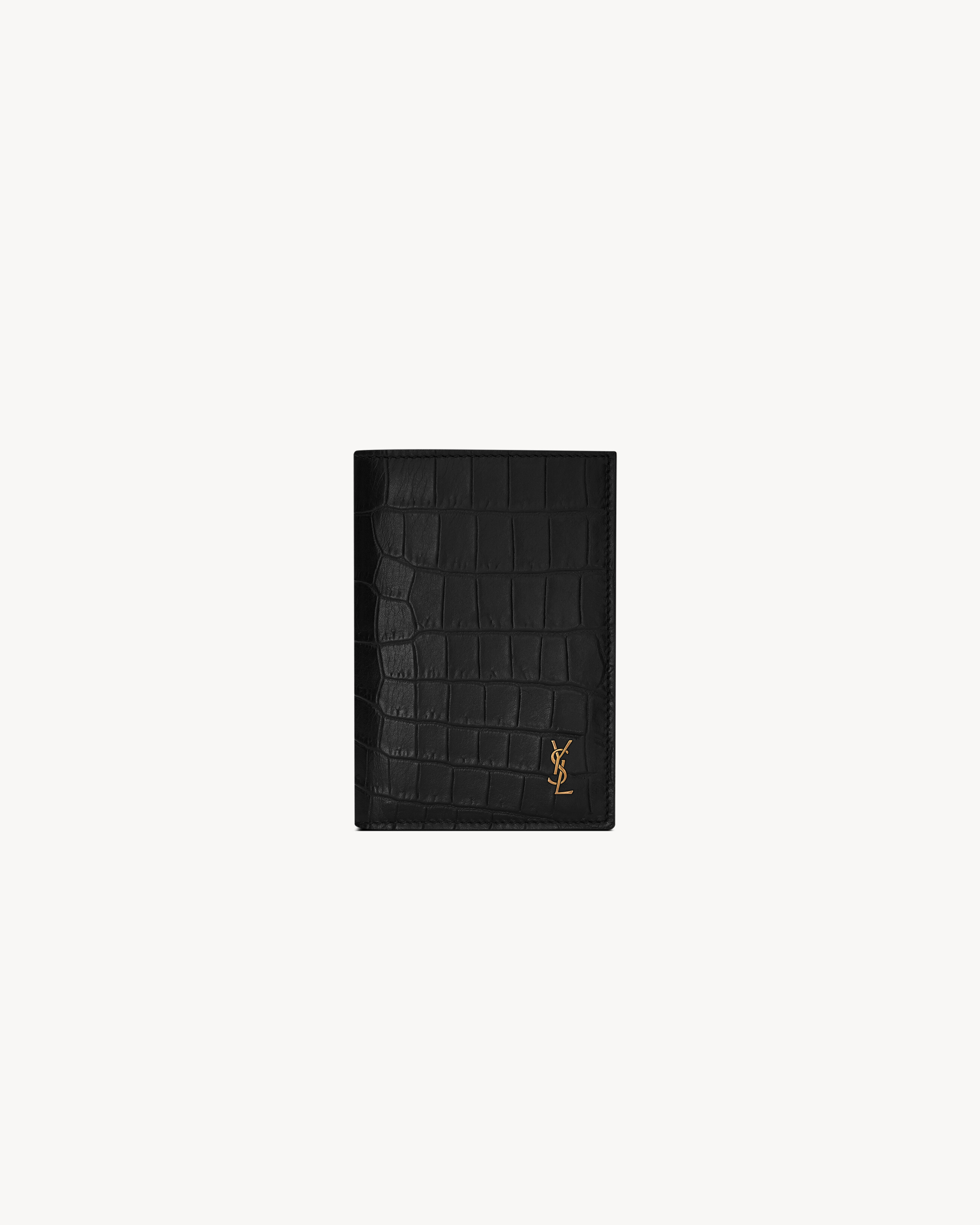 Saint Laurent Men's Black Tiny Cassandre Credit Card Wallet In Crocodile-Embossed Matte Leather - One Size