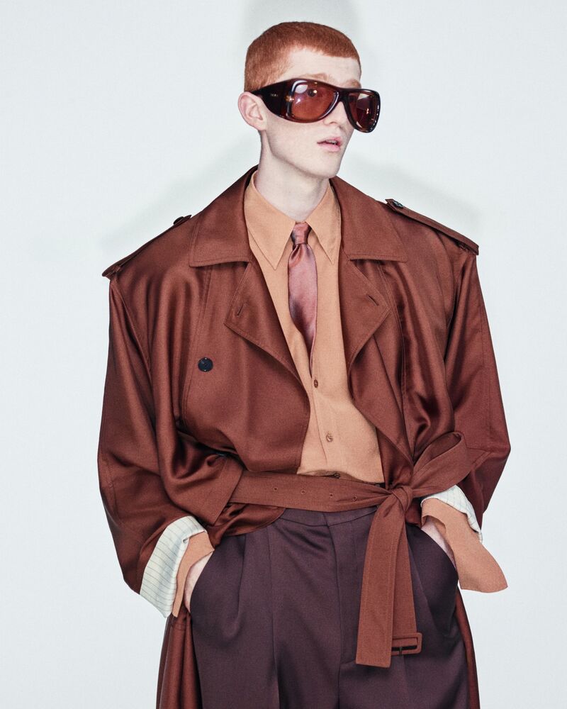 broad-shoulder trench coat in silk