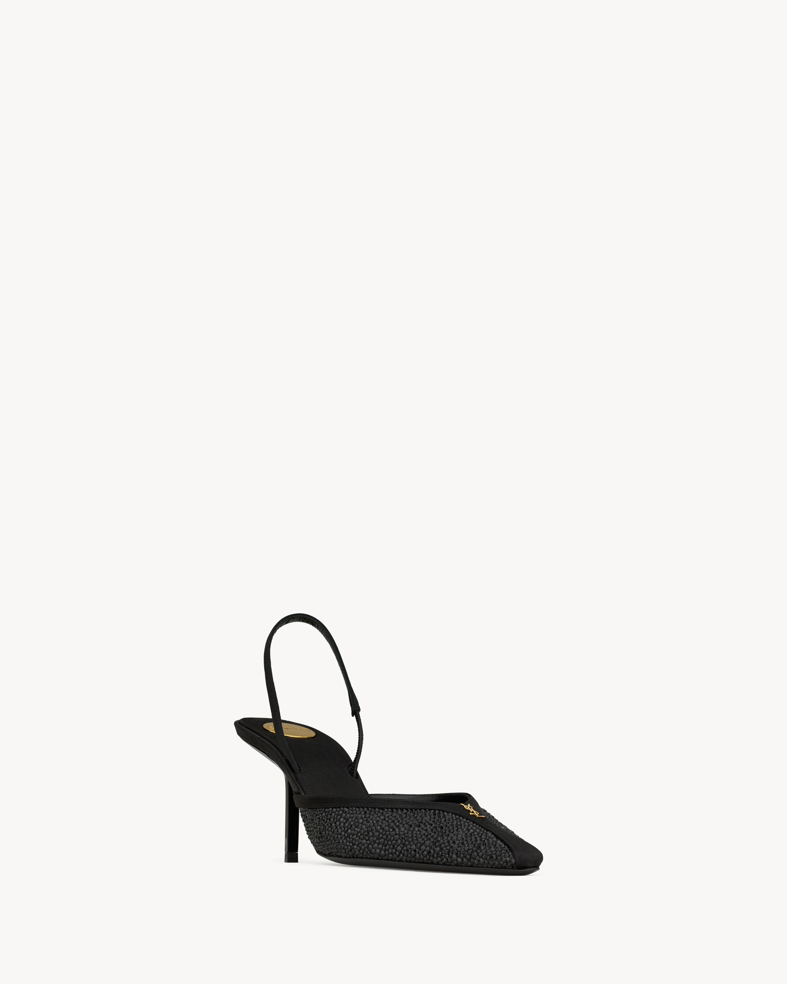 FOLIE slingback pumps in satin, mesh, and crystals