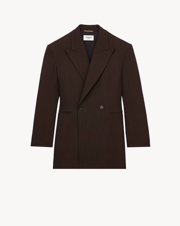 double-breasted jacket in chalk-stripe wool mélange in Brown