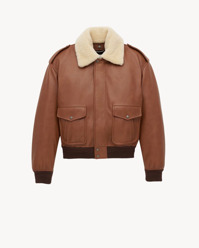 bomber jacket in grained leather and shearling