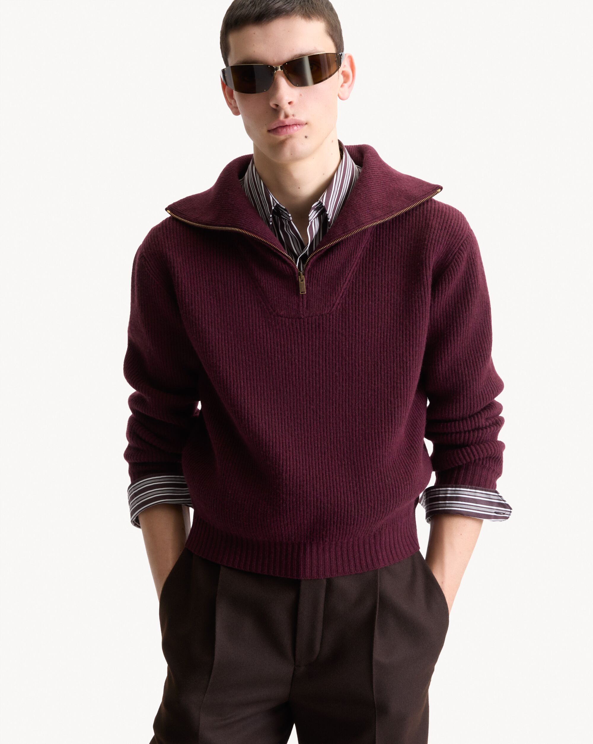 Pullover con chiusura a mezza zip in lana a coste