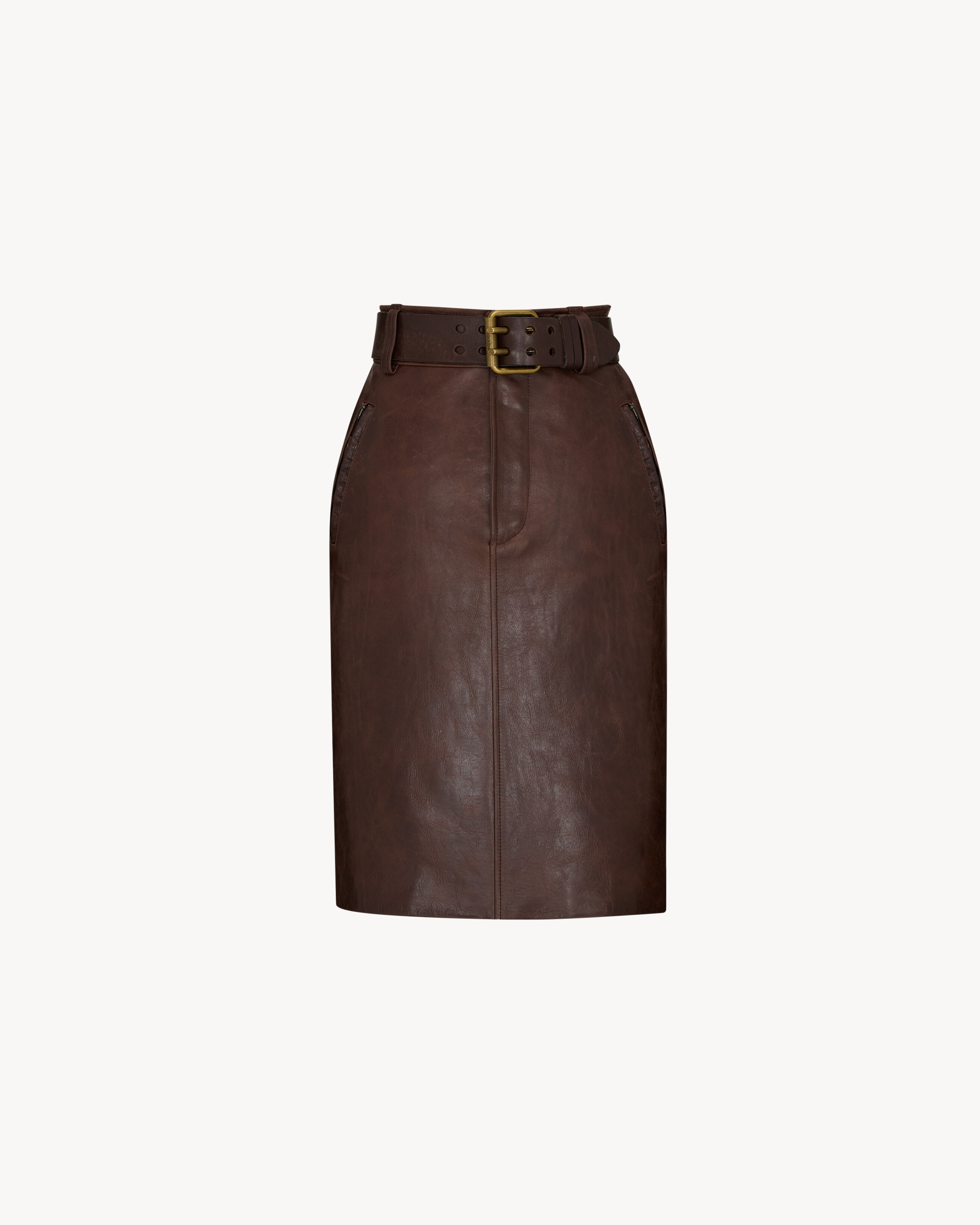 belted pencil skirt in creased leather