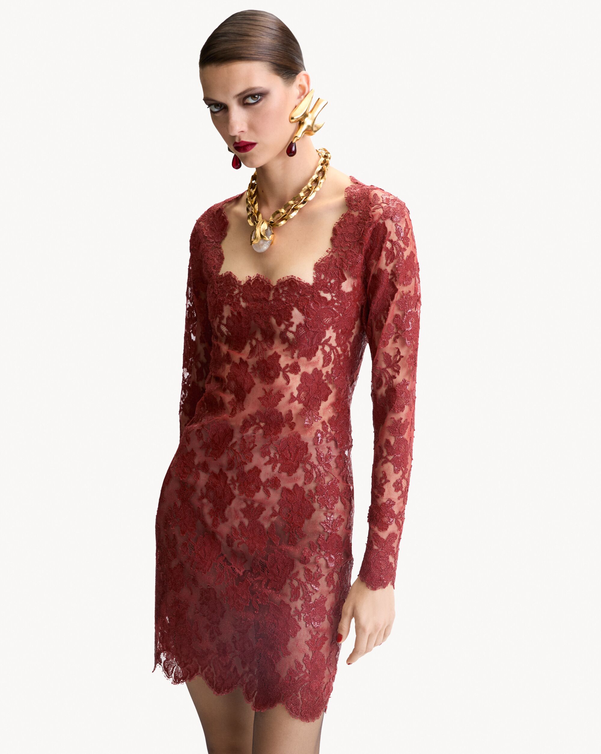 square-neck dress in silicone-coated lace