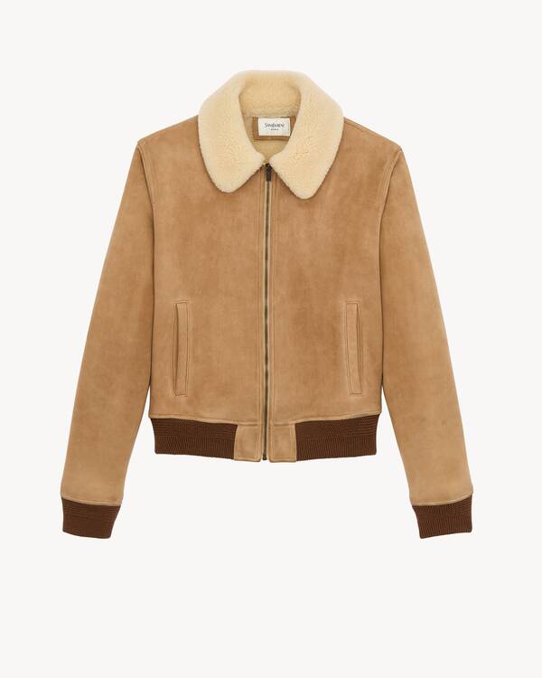 jaqueta bomber em camurça e shearling