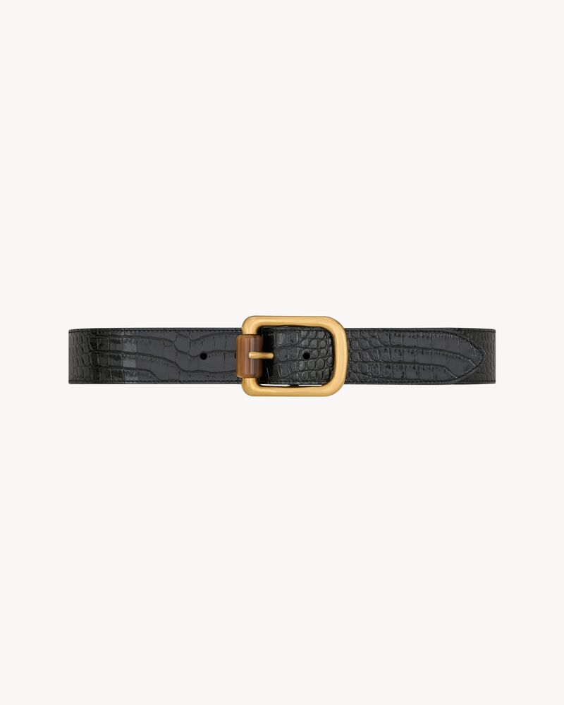 cylinder buckle belt in crocodile-embossed leather