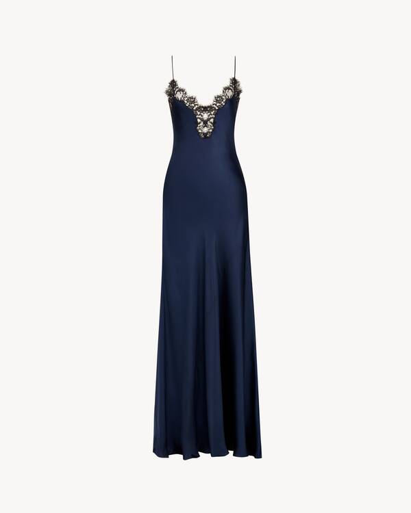 slip dress in silk satin and lace in Blue | Saint Laurent | YSL EN-US slip dress in silk satin and lace in Blue | Saint Laurent | YSL EN-US