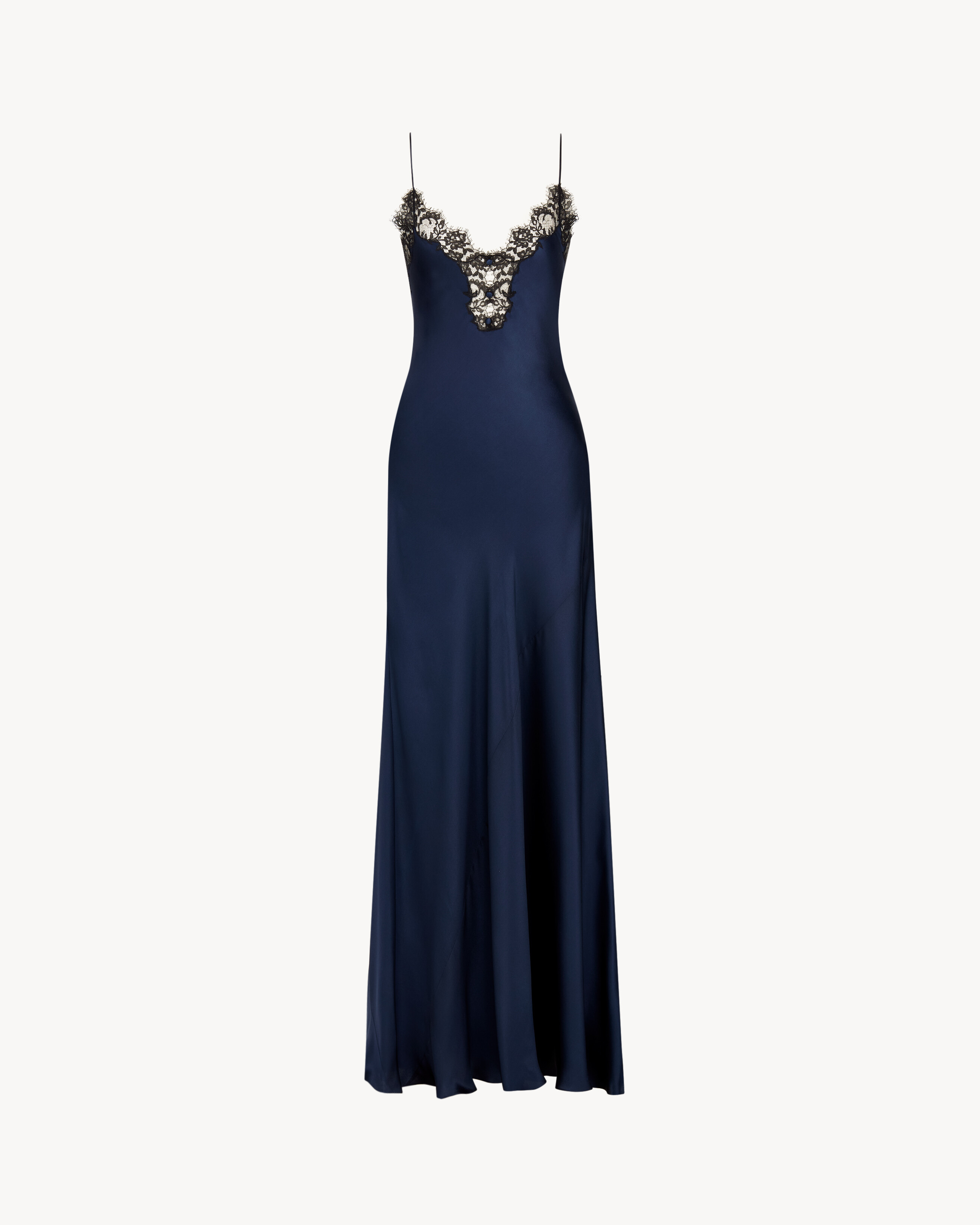 slip dress in silk satin and lace in Blue | Saint Laurent | YSL EN-US slip dress in silk satin and lace in Blue | Saint Laurent | YSL EN-US