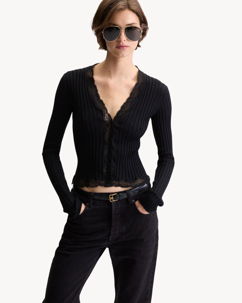 laced cardigan in ribbed wool, cashmere, and silk