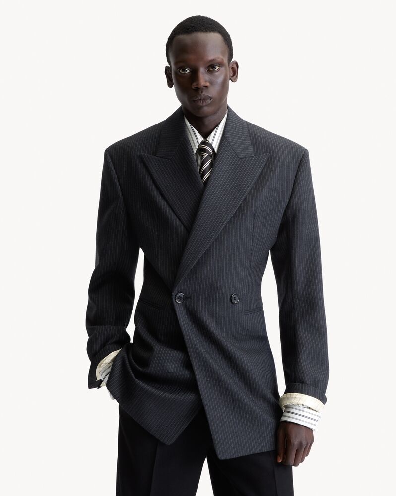 double-breasted jacket in striped herringbone wool