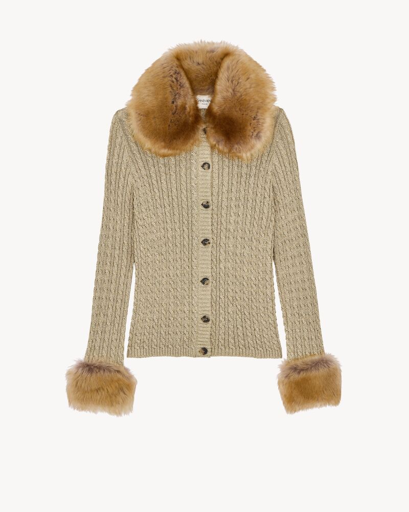 Cardigan mit Zopfmuster aus Lurex und Kunstpelz