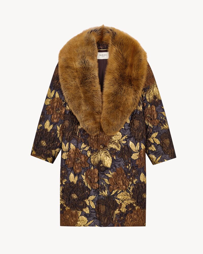 cocoon coat in brocade and shearling
