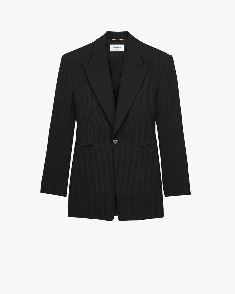blazer com fechamento simples em lã mélange risca de giz