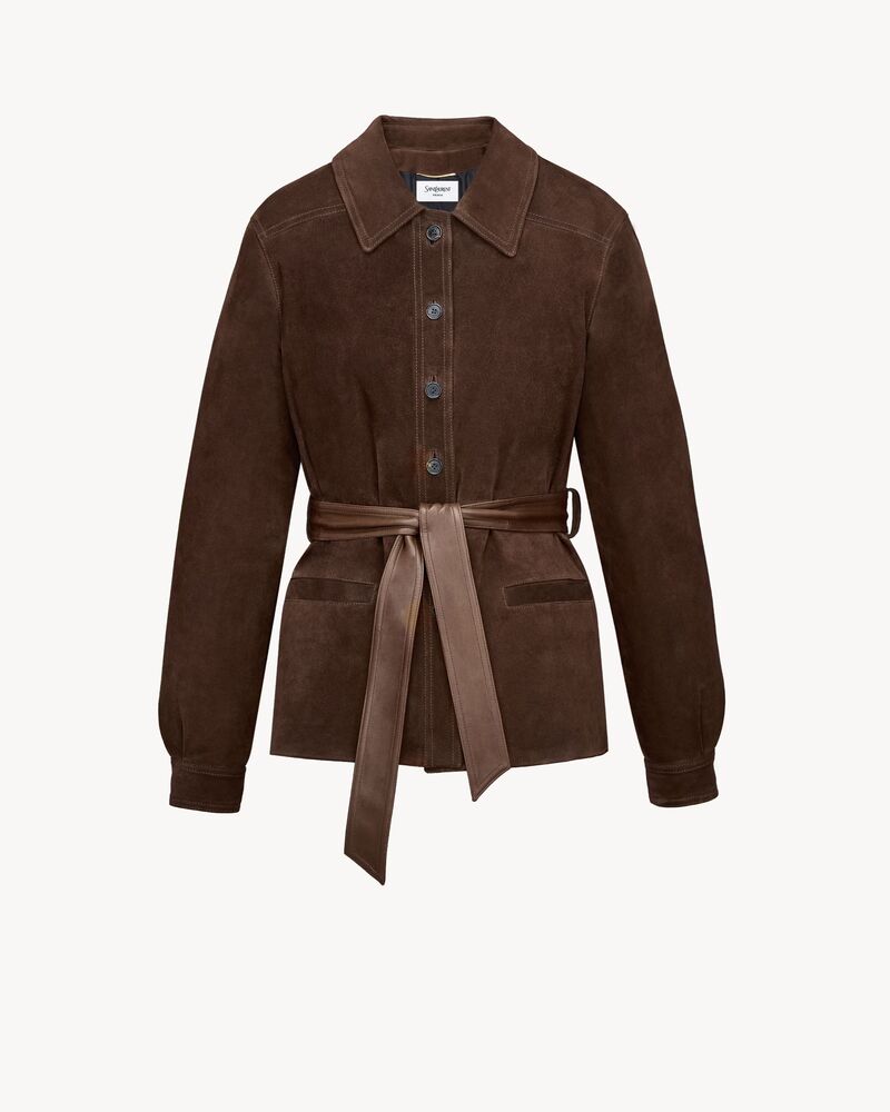 Giacca con cintura in suede e shearling