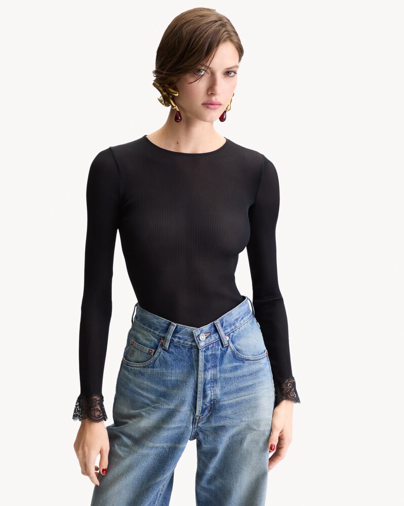 CASSANDRE lace-cuff top in ribbed silk jersey