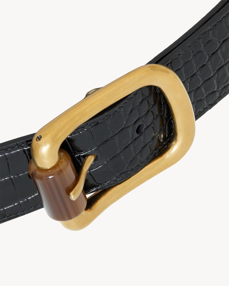 cylinder buckle belt in crocodile-embossed leather