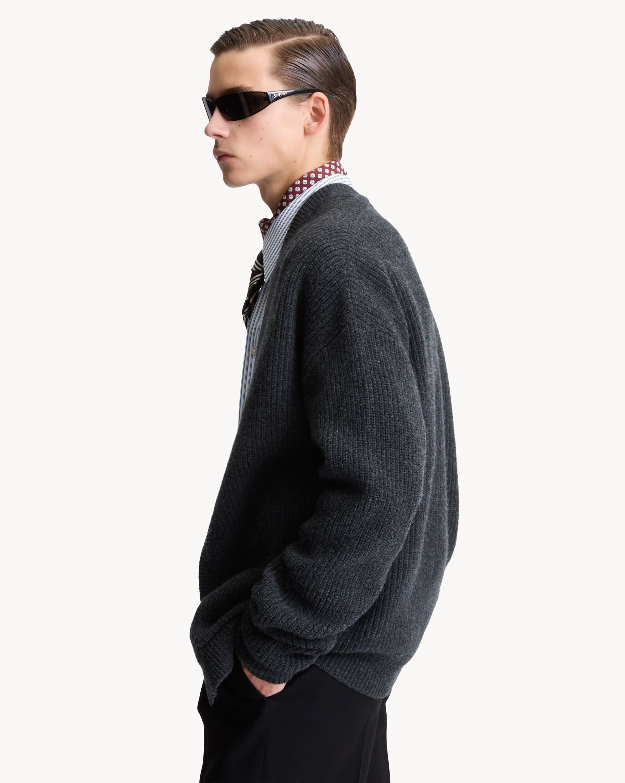 V-back cardigan in rib-knit wool