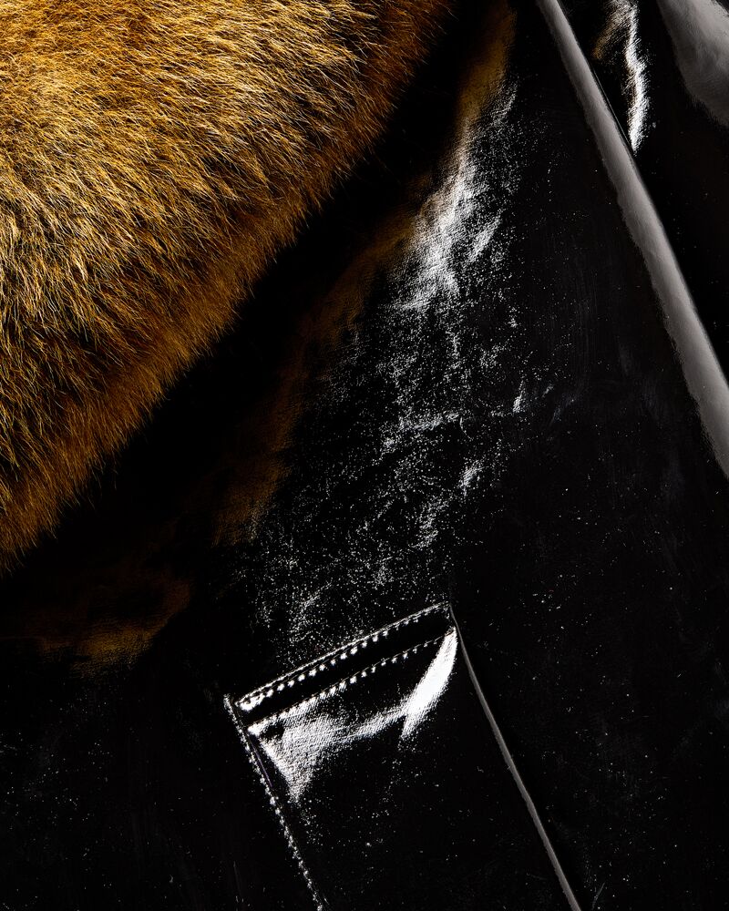 cocoon coat in lacquered canvas and shearling